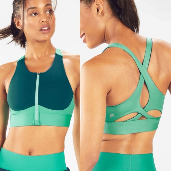 Fabletics No-Bounce Sports Bra Zip-Up Size Medium Green High Impact - Picture 1 of 11
